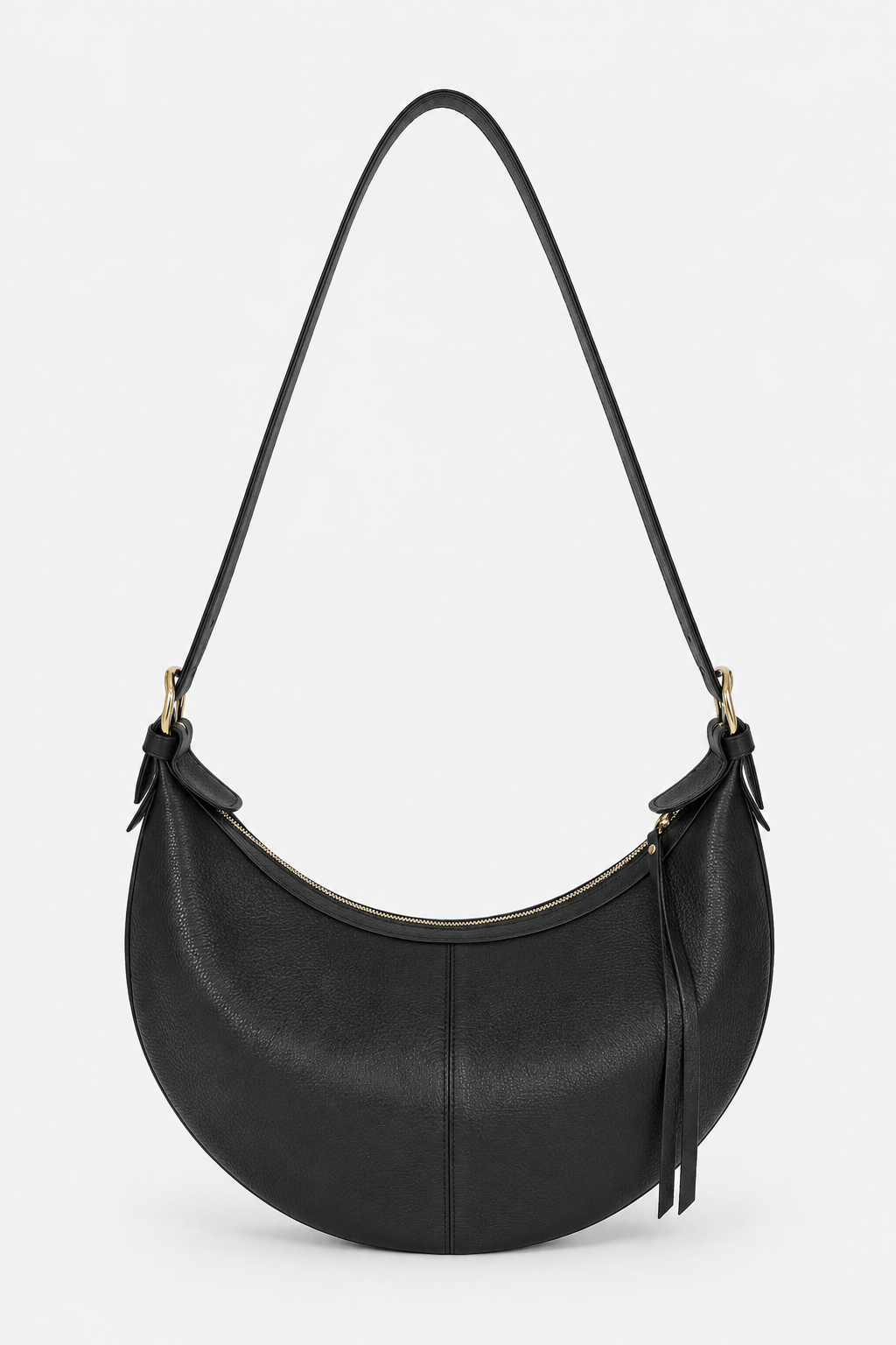 A black pebbled leather crescent-shaped shoulder bag with gold-tone hardware and an adjustable crossbody strap