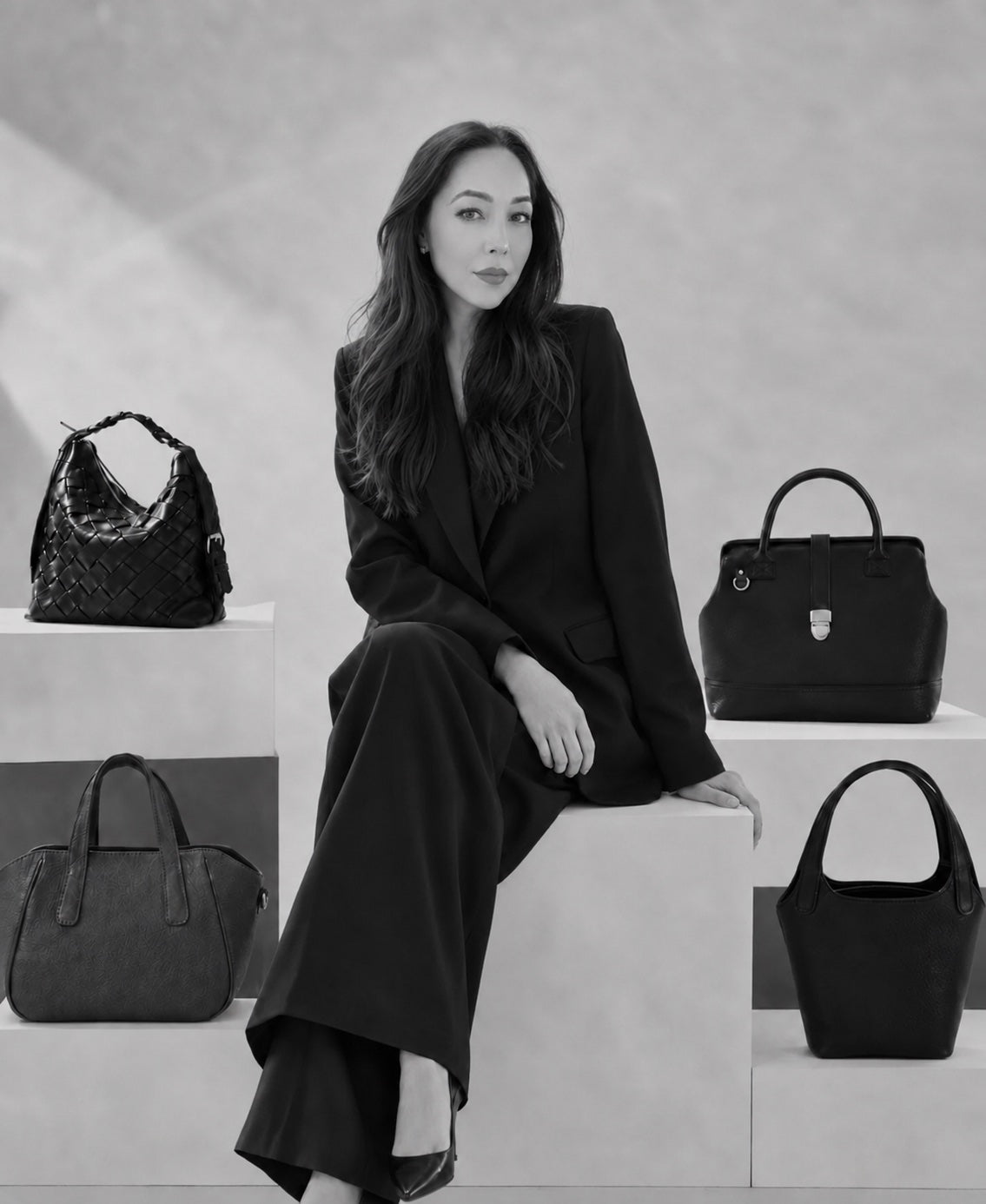 Angelina Walker Founder of TAH bags sitting on a white block with TAH leather handbags on blocks next to her.