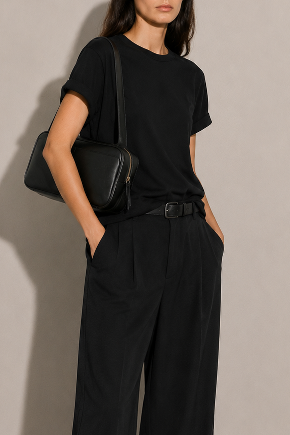 Leather Bowler Bag with zipper closure and outside pocket for easy access to items like a cell phone. 