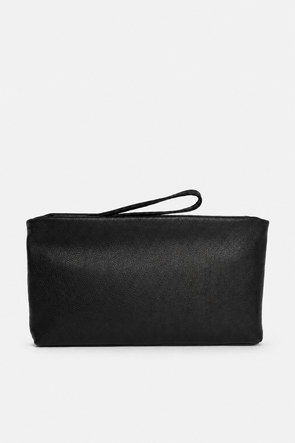 A black leather clutch pouch with a matching wristlet strap and zipper closure 