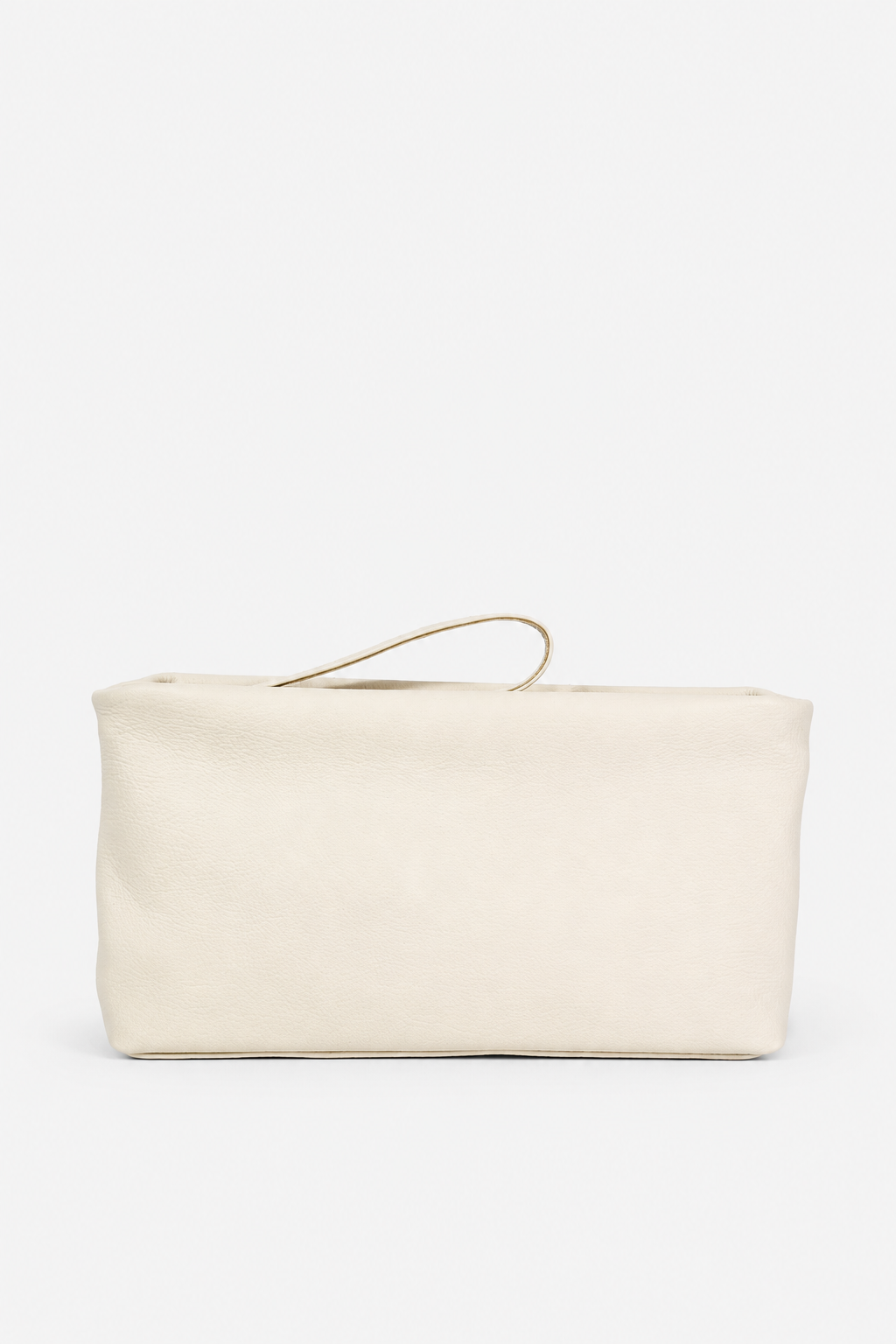 An off-white leather pouch with a wristlet handle, and zipper closure