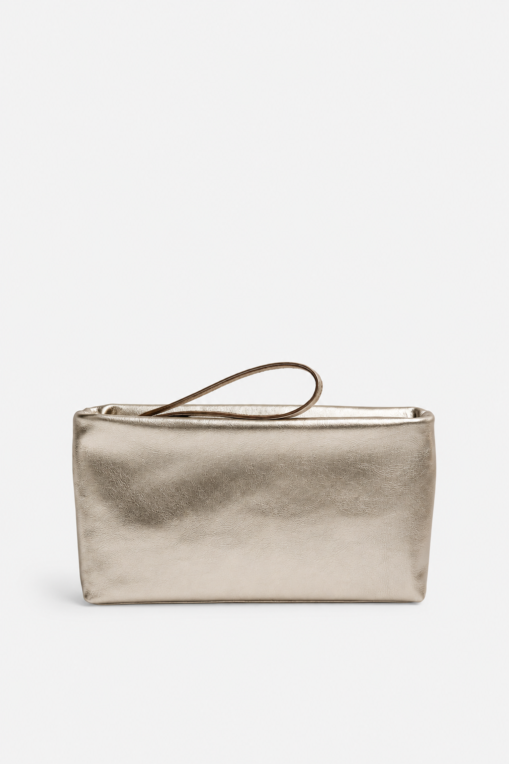 A handcrafted leather metallic champagne-gold clutch bag with a matching wristlet strap, 