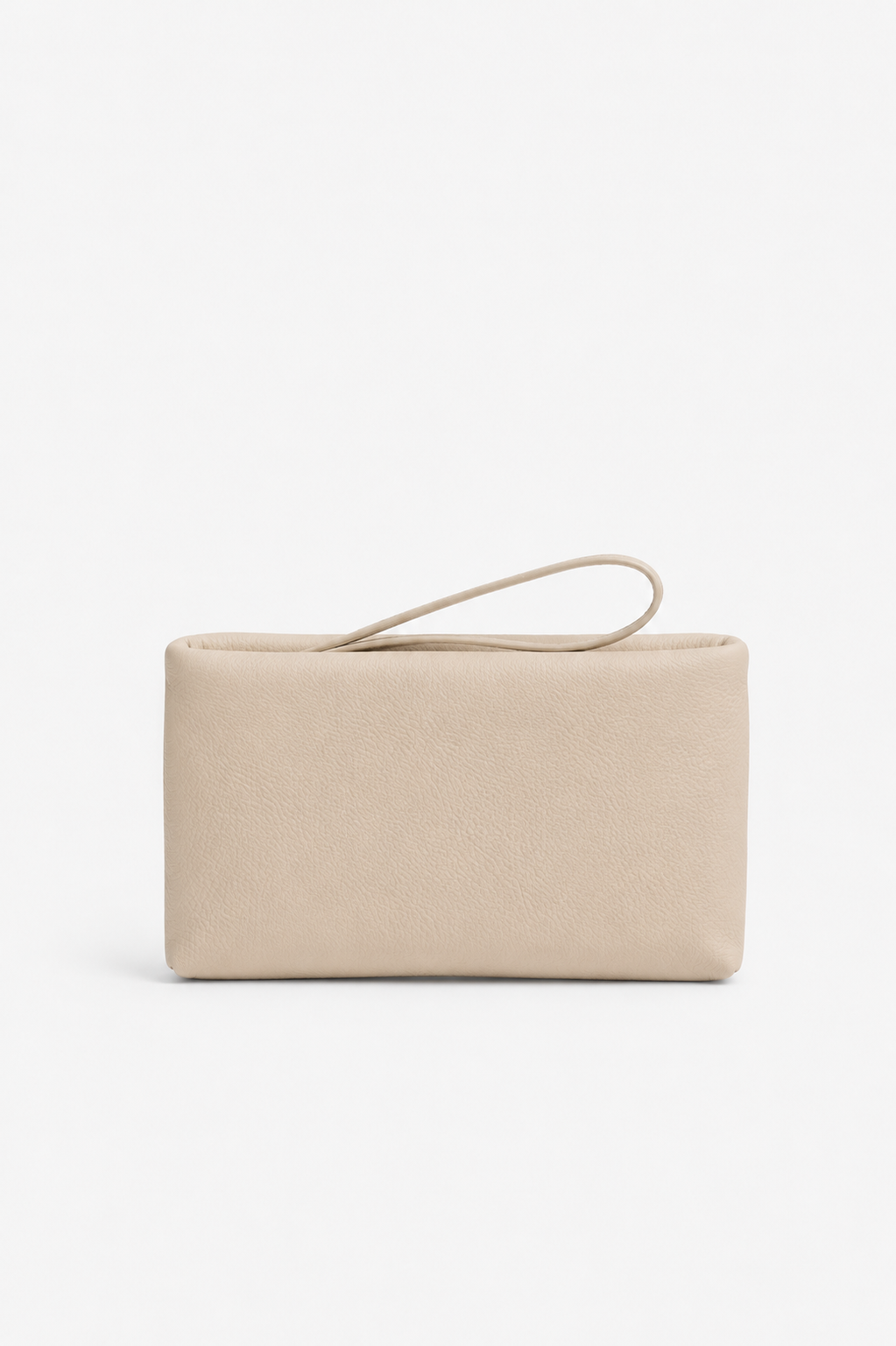 A minimalist rectangular clutch bag in a light beige or cream color, featuring a matching wristlet handle, with a zipper closure