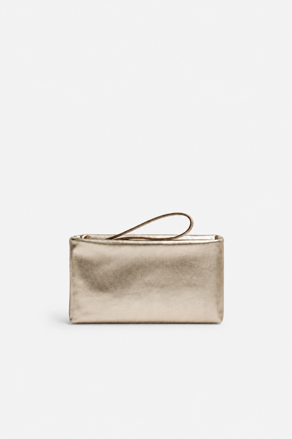 A leather metallic gold clutch bag with a wrist strap with a zipper closure