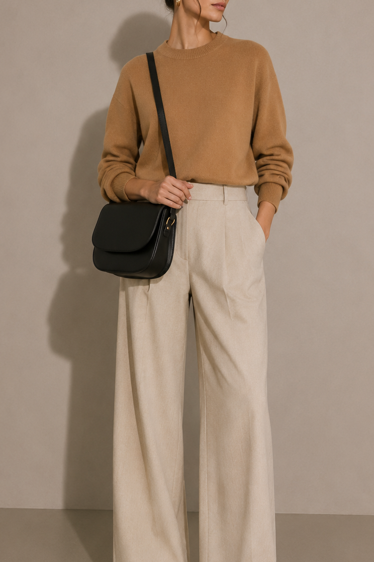 Leather Saddle bag in black full-grain leather, with a detachable crossbody strap, slight touches of gold hardware, and a flap magnetic closure, shown on a model as a shoulder bag