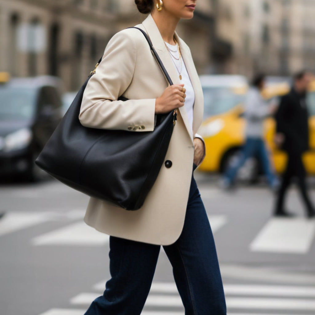Woman crossing a street in an urban setting with a Charlee Oversized Tote in the color black. 