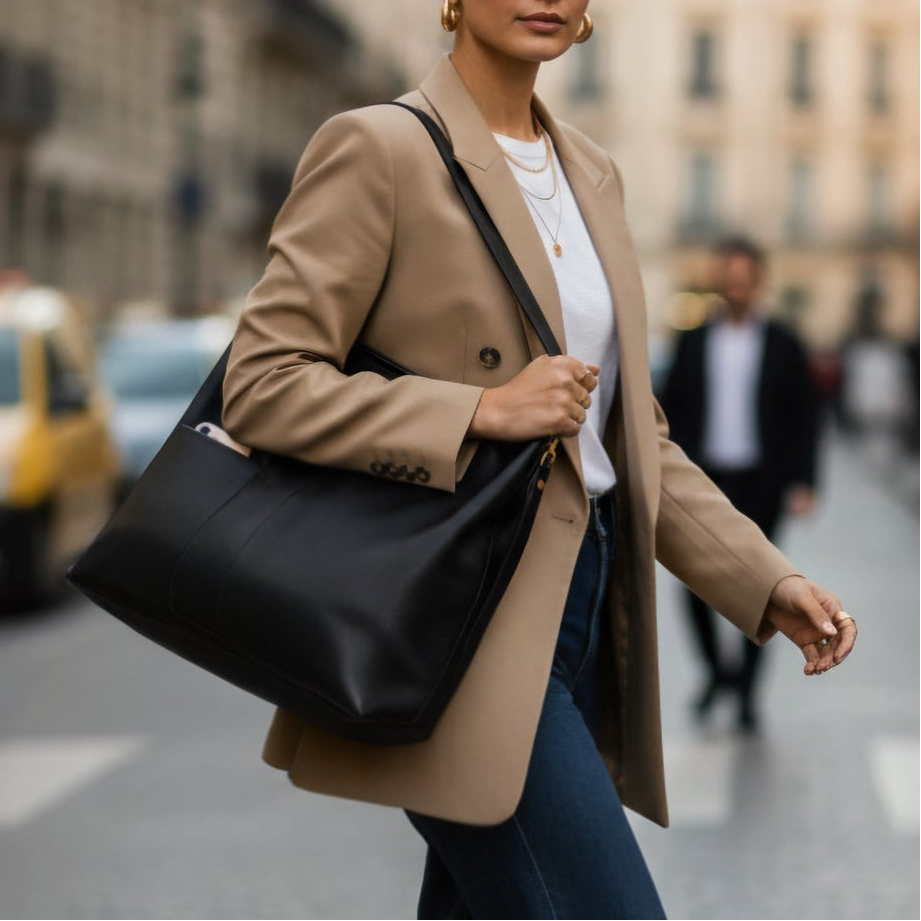 Woman in a beige coat holding a black bag on a city street.