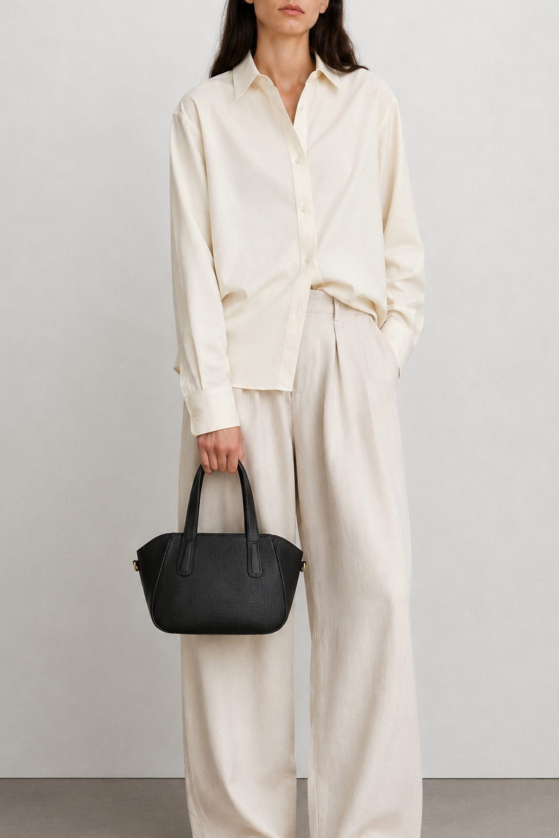 A woman stands against a light gray studio wall wearing a cream button-up shirt and matching wide-leg trousers, holding a small black handbag.