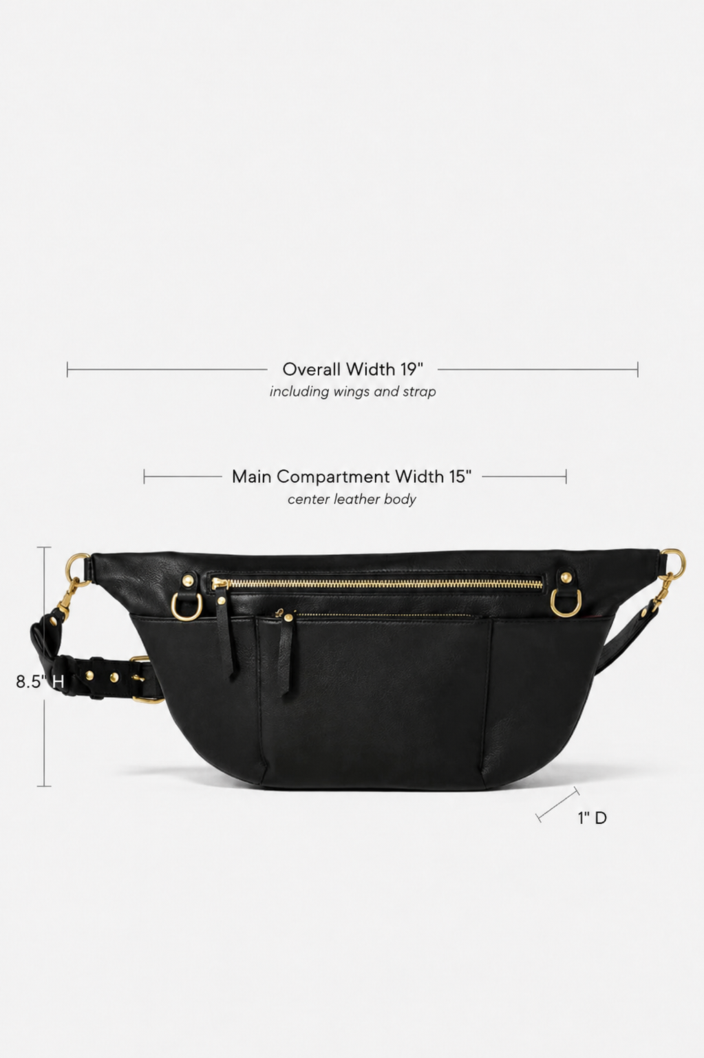Black fanny pack with gold hardware and a black strap, shown with dimension lines and text indicating overall width 19 inches, main compartment width 15 inches, and depth 1 inch on a light gray background.