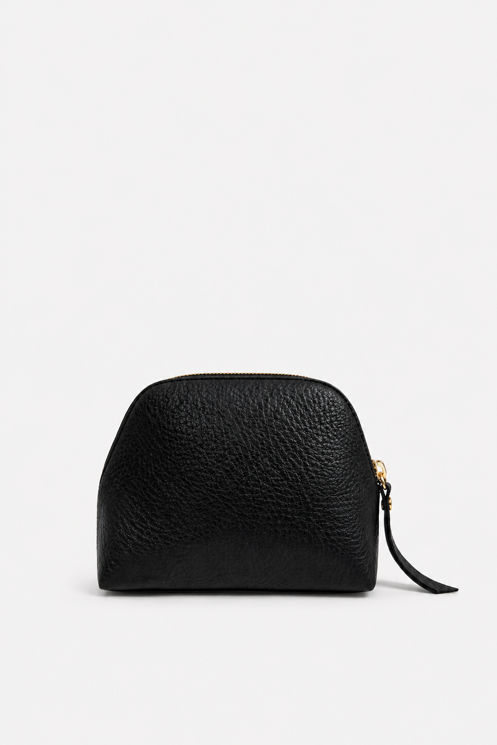 A small black pebbled leather pouch with a gold zipper and a black wristlet strap, shown against a plain white background.
