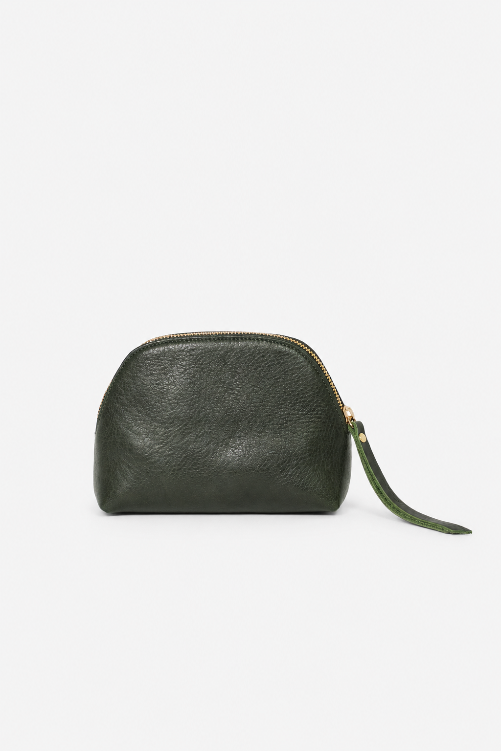 A dark olive green pebbled leather pouch with a gold zipper and a matching green leather wristlet strap, shown on a plain light gray background.