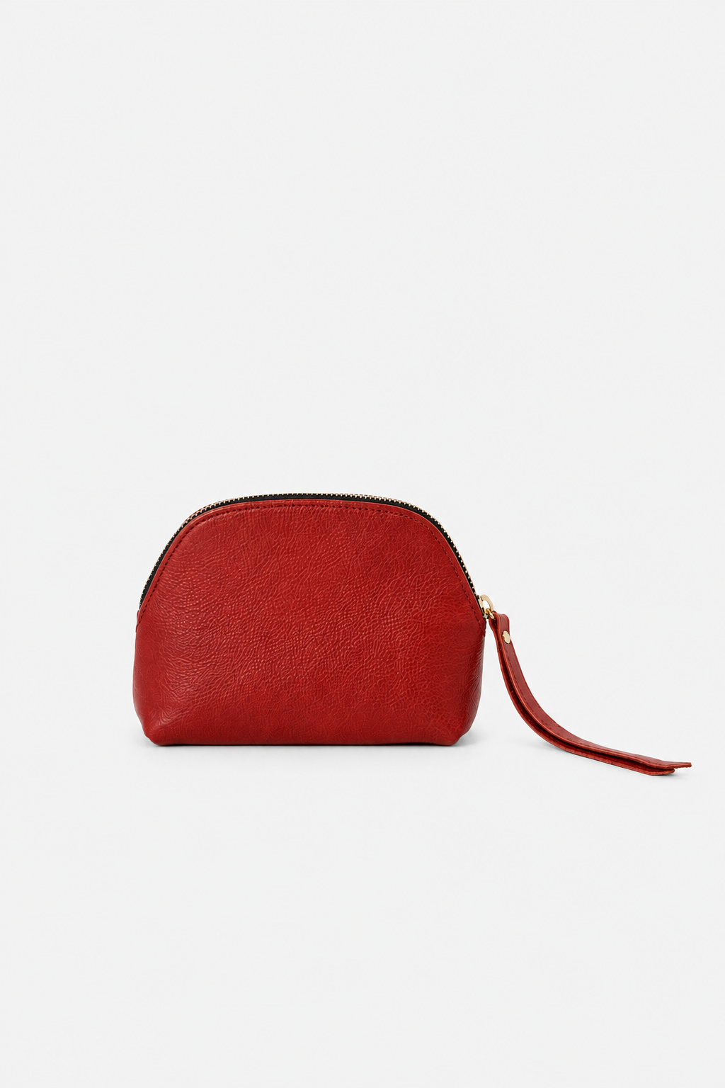 A small red leather pouch with a curved top and a matching wristlet strap, shown on a plain light gray background.