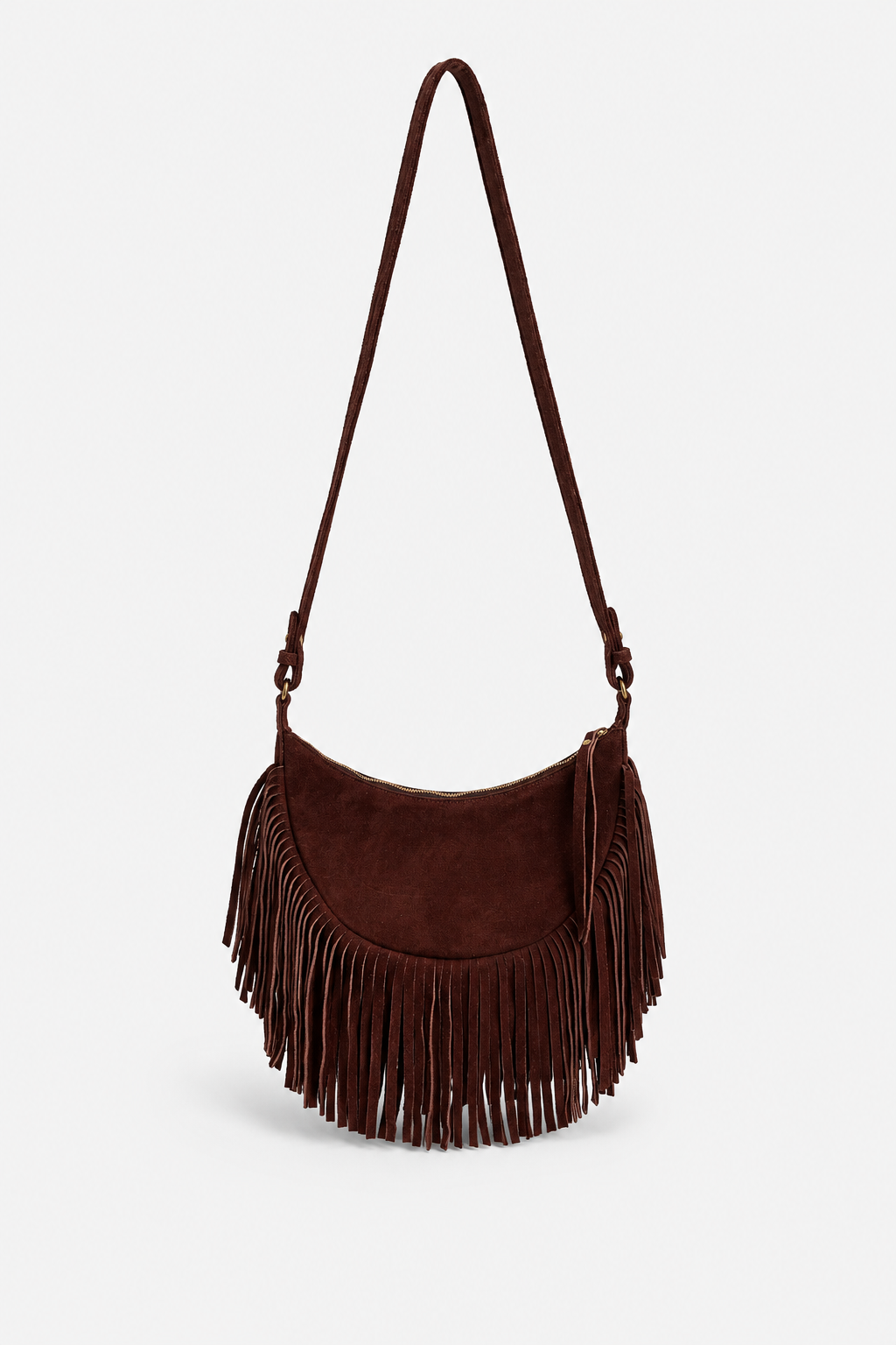 Western inspired Dani crossbody in a brown suede and fring details along the bottom of the bag