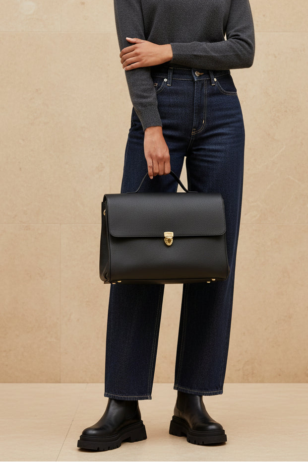 Woman holding a black handbag against a beige background
