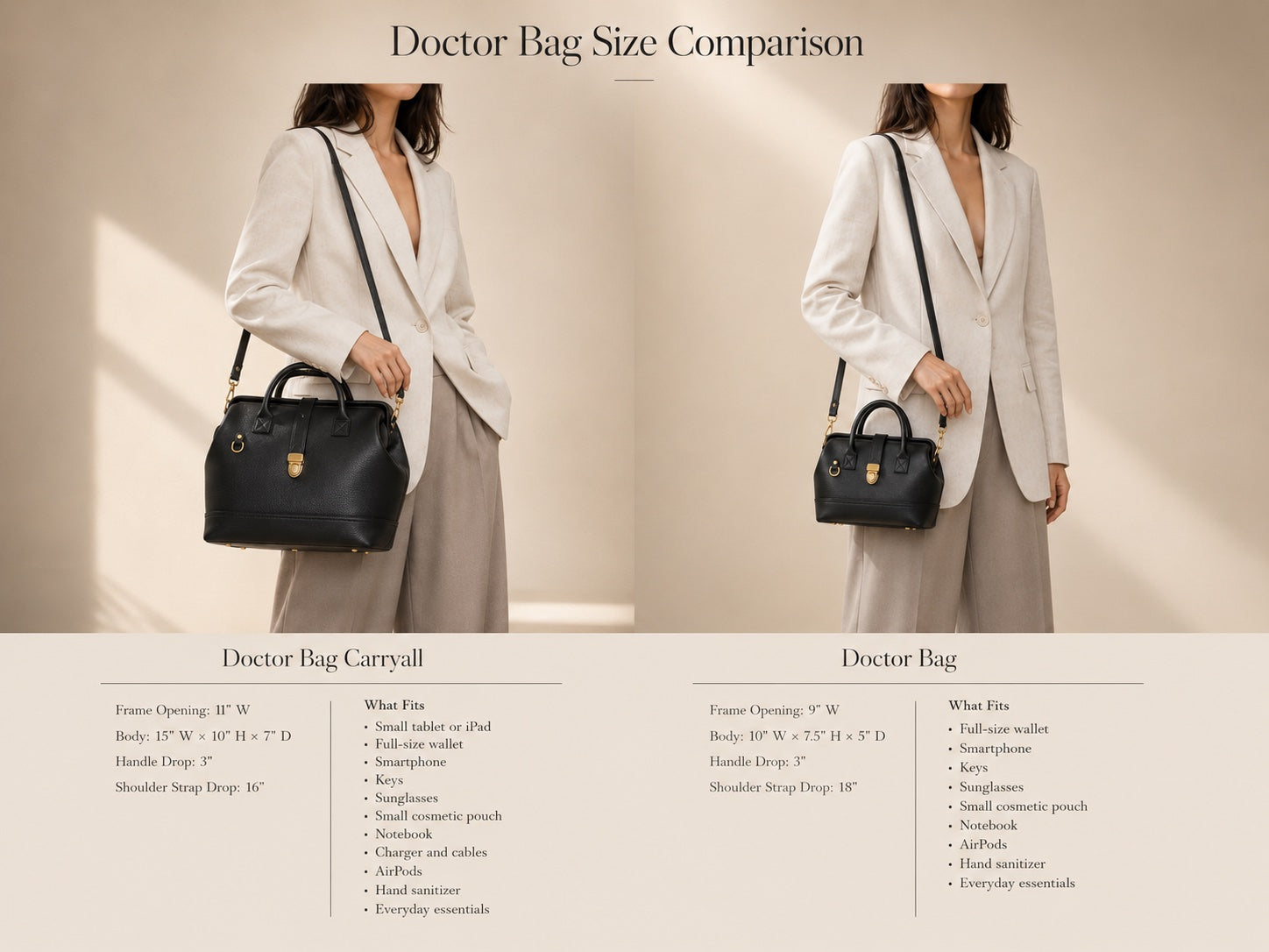 A Doctor Bag comparison in two different sizes. The Doctor bag is handcrafted in full-grain leather, gold hardware, with a metal frame opening in the color black. 