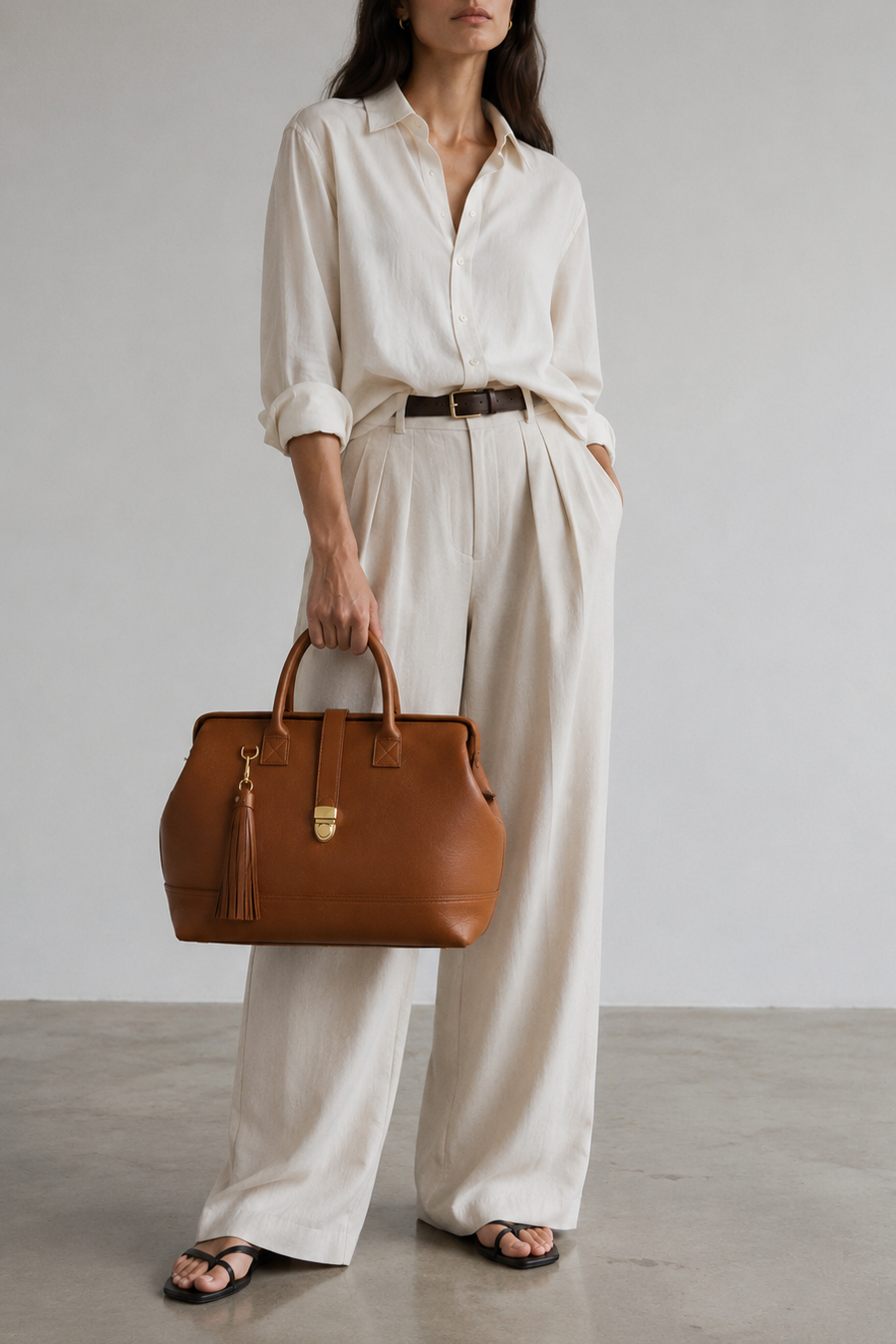A woman stands in a minimalist studio setting, wearing a white button-down shirt and wide-leg trousers with a thin dark belt, holding a structured brown leather Doctor Bag Weekender with gold hardware and a leather tassel. 