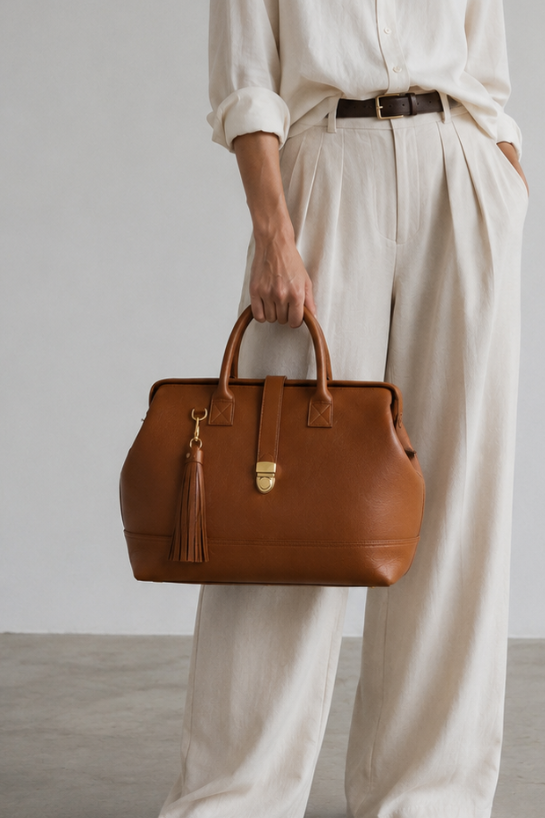 A woman stands in a minimalist studio setting, wearing a white button-down shirt and wide-leg trousers with a thin dark belt, holding a structured brown leather handbag with gold hardware.