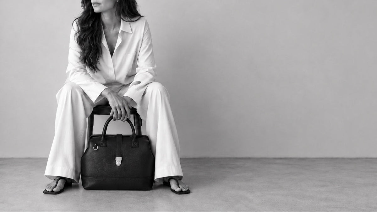 A woman in a white blazer and wide-leg trousers sits on a concrete floor holding a structured black leather handbag against a minimalist light gray studio backdrop.