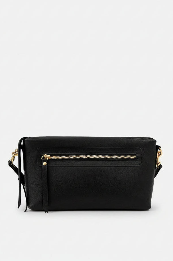 Black handbag with gold zipper on a white background