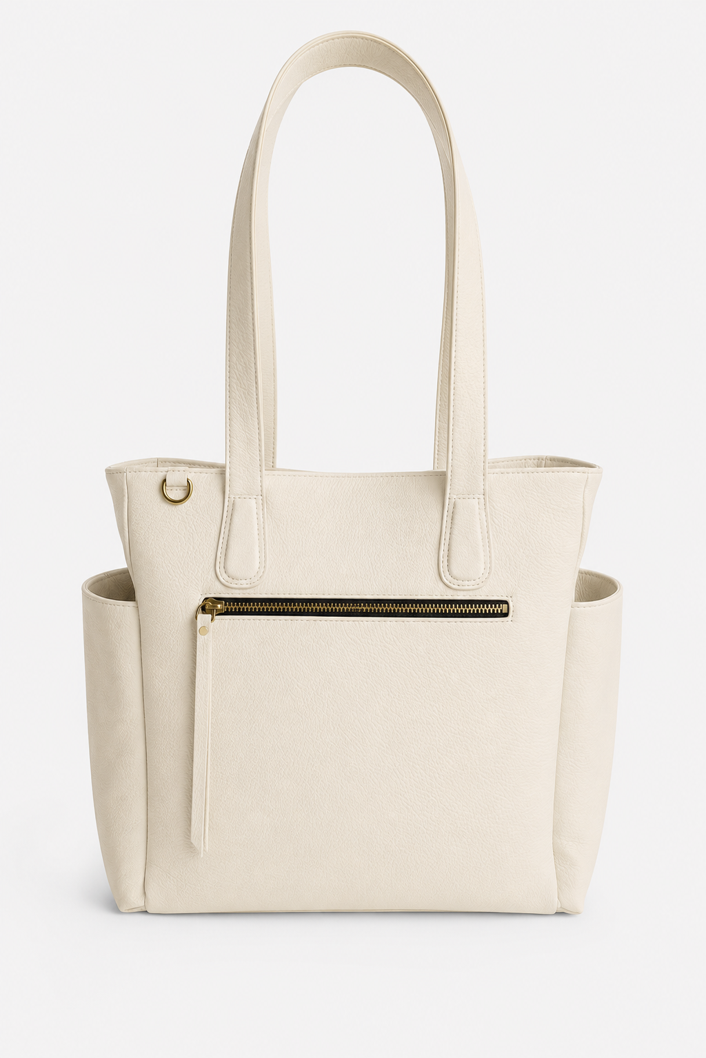 An off-white faux leather tote bag with dual shoulder straps, a front zippered pocket with a gold zipper pull, and side pockets, shown against a plain light gray background.