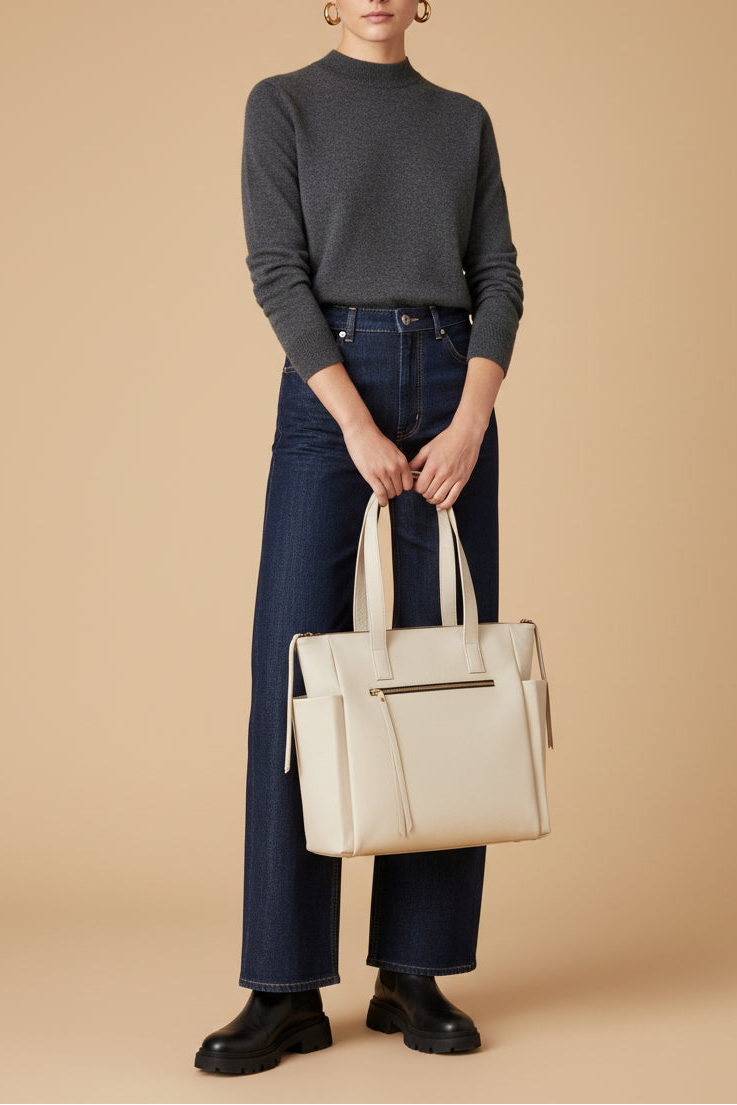 Woman holding a beige handbag against a beige background