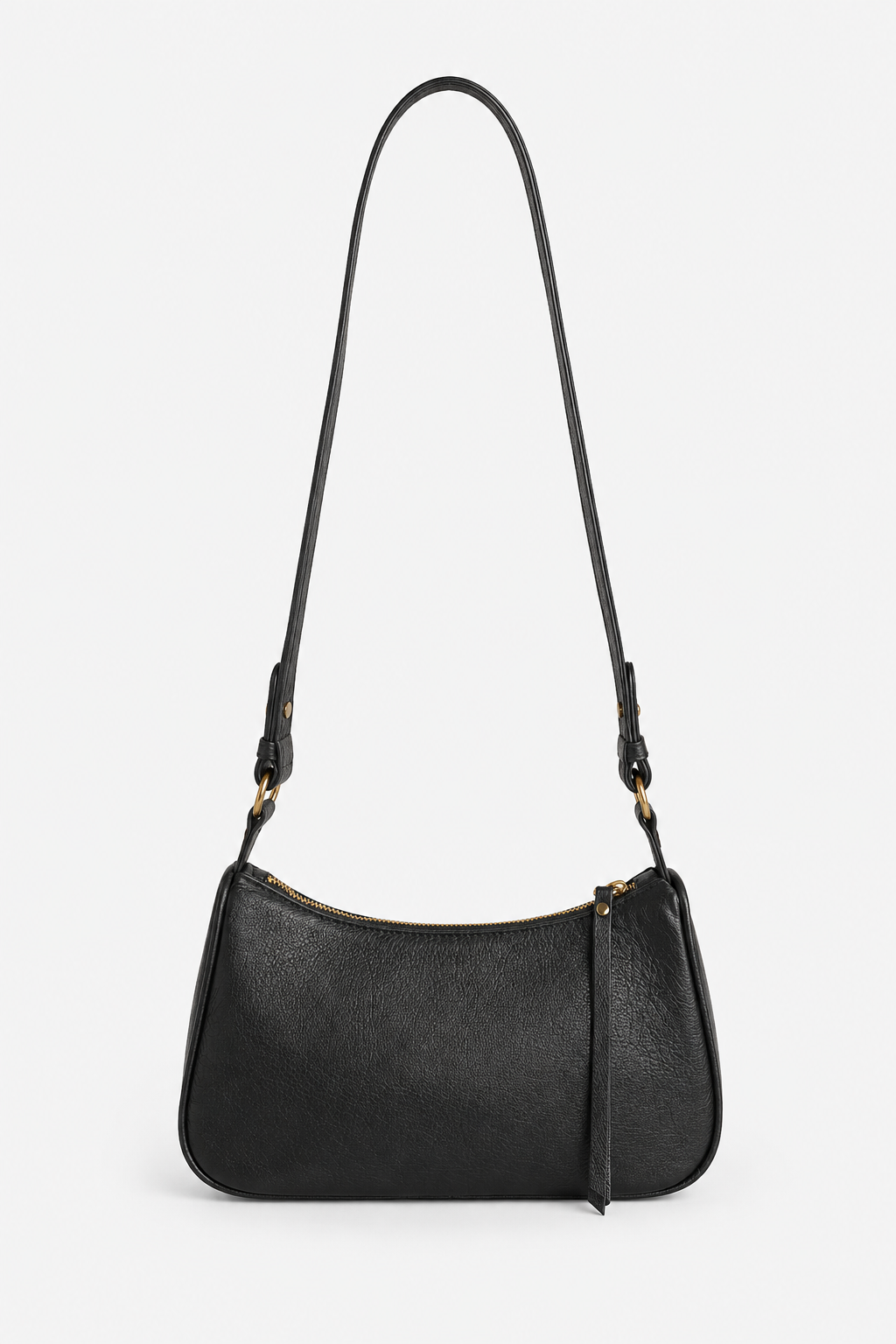 A black textured leather shoulder bag with a long thin strap and gold-tone hardware, shown against a plain light gray background.