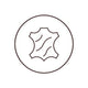 A minimalist black line icon depicting a leather hide shape inside a circle, centered on a solid white background.