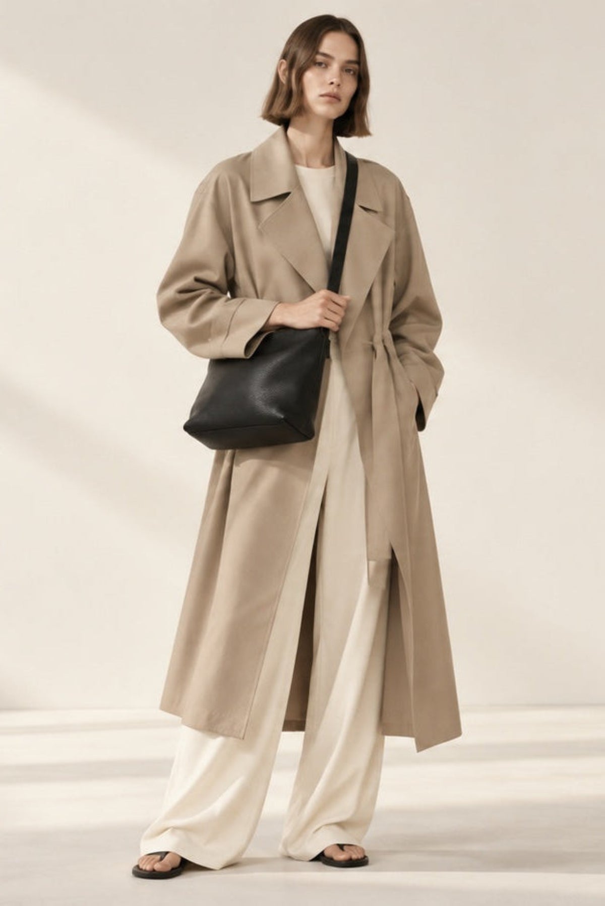 A woman stands in a minimalist studio wearing a long beige trench coat over cream wide-leg pants, carrying the Gemma crossbody in black leather.