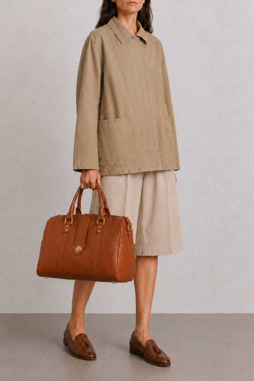 A woman stands in a studio wearing a beige oversized collared jacket, light beige skirt, and brown loafers, while holding a brown leather weekender duffle bag with solid brass hardware.