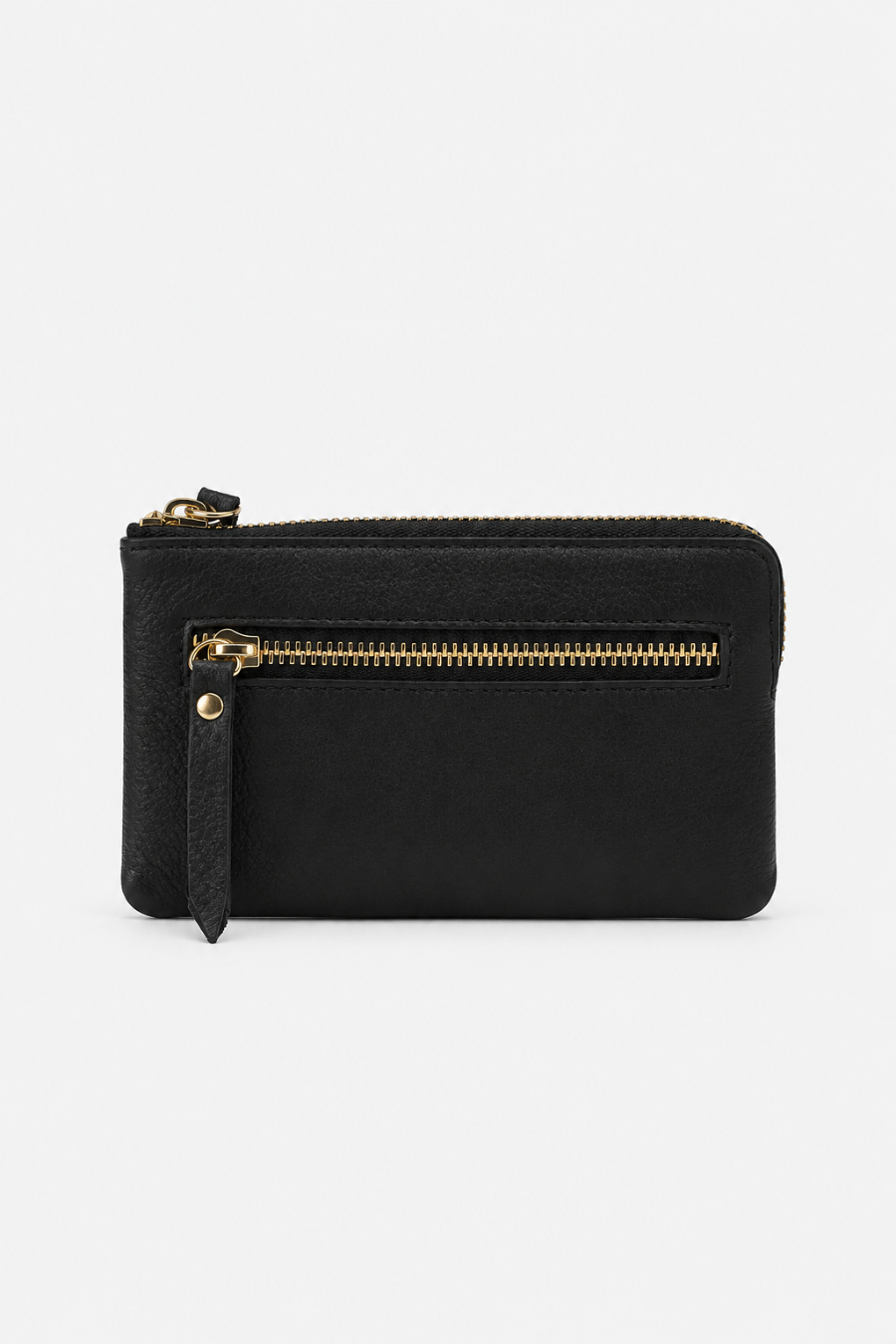 A black leather zip-around card holder wallet with gold-tone hardware and a small leather tab, and an extra side zipper pocket
