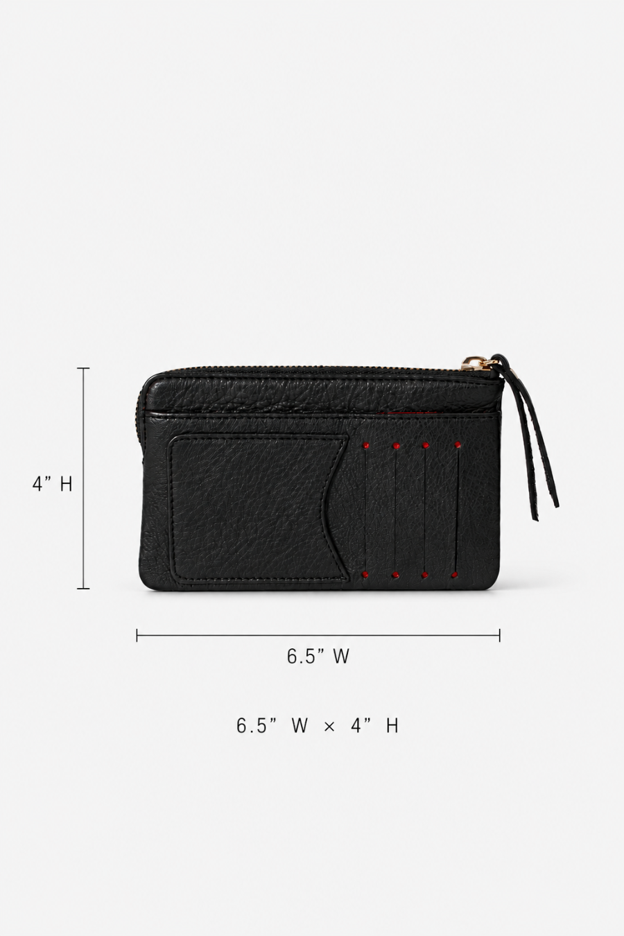 A black leather wallet with an outside pocket for cash, 5 pockets for credit cards and a zipper pocket for additional items. 