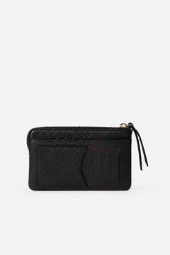 A black textured leather zip-around card holder wallet with a gold-tone zipper pull and red contrast stitching, shown on a plain white background.