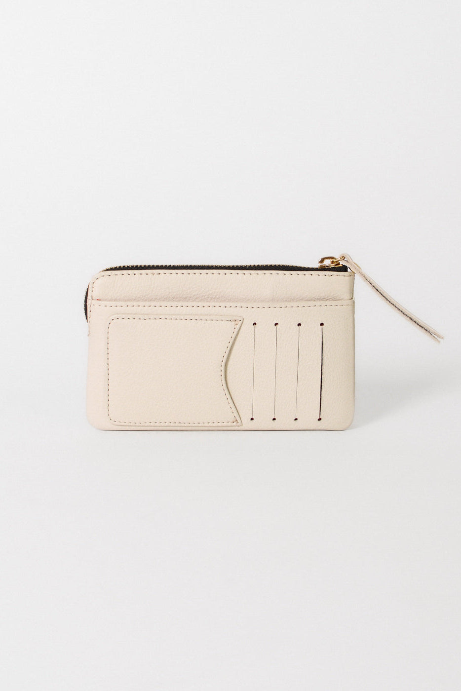 A white leather wallet with an outside pocket for cash, 5 pockets for credit cards, and a zipper pocket for additional items. 