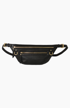 The Nomad Fanny Pack, handcrafted from full-grain leather with solid brass hardware. Features three exterior zipper compartments for organization, adjustable strap for versatile wear, and D-rings to attach keys or accessories. A modern, durable bag designed for everyday utility and travel.