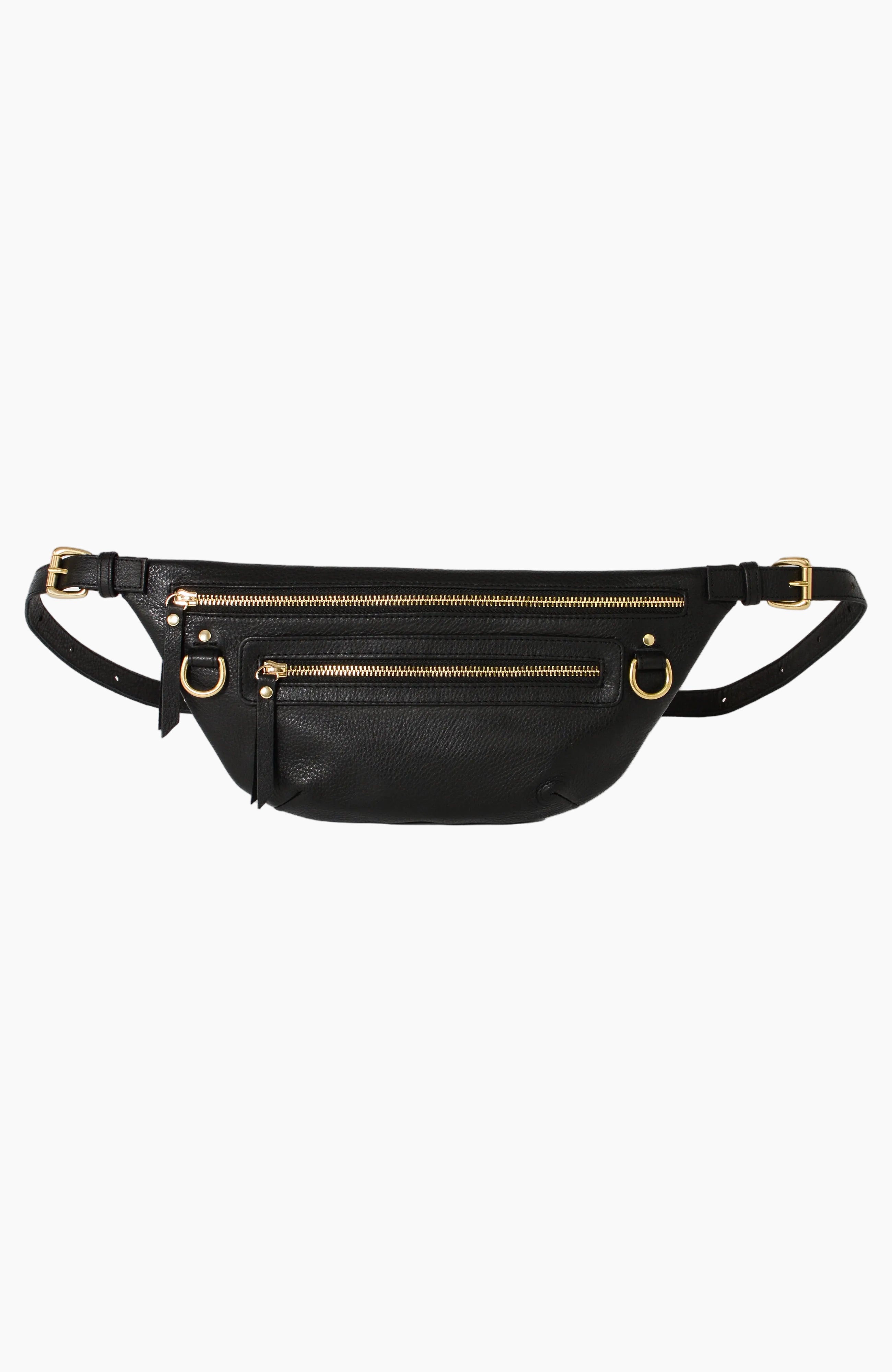 The Nomad Fanny Pack, handcrafted from full-grain leather with solid brass hardware. Features three exterior zipper compartments for organization, adjustable strap for versatile wear, and D-rings to attach keys or accessories. A modern, durable bag designed for everyday utility and travel.
