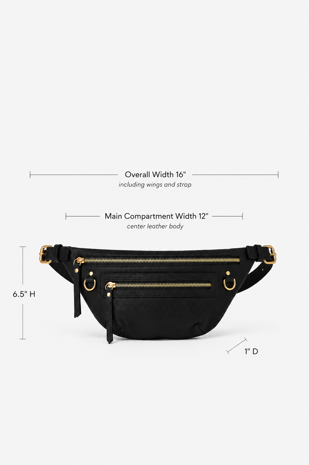 Black waist bag with gold zippers and hardware, shown on a light gray background with dimension lines and text indicating overall width 16 inches, main compartment width 12 inches, height 6.5 inches, and depth 1 inch.