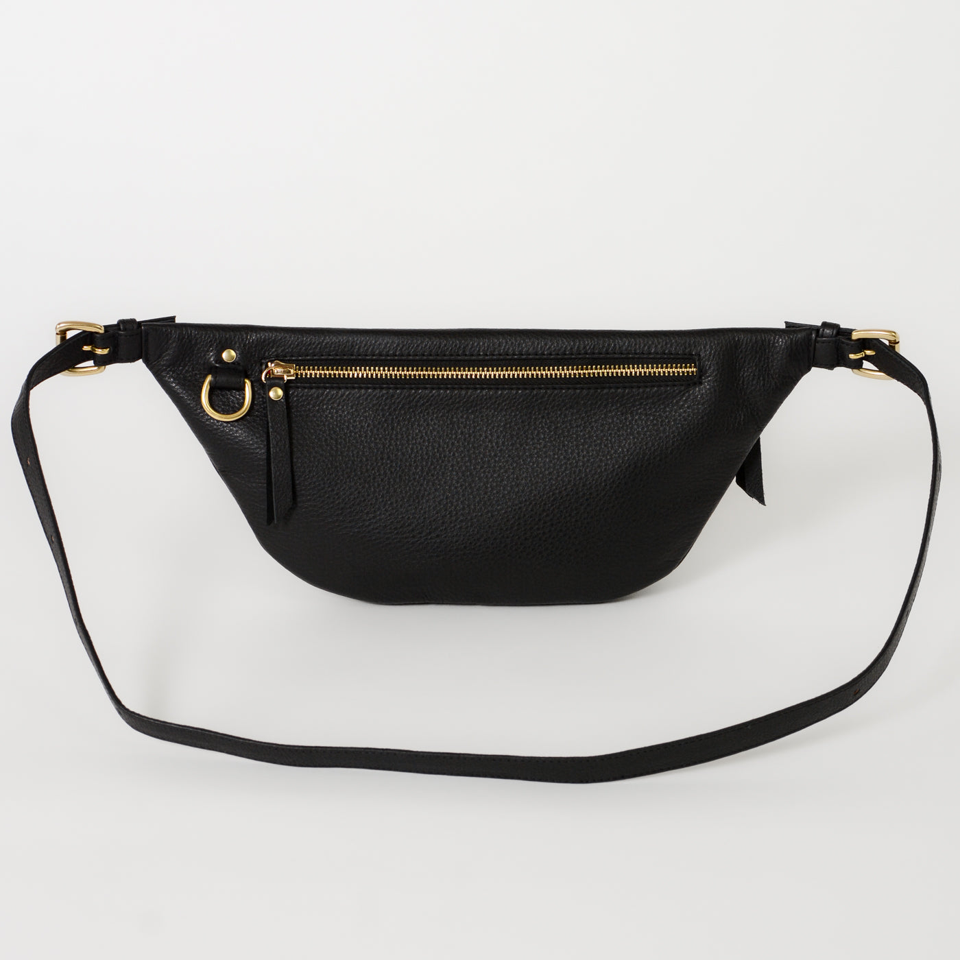 Black leather fanny pack belt bag back view, featuring an adjustable strap, rear zip pocket, and gold hardware, designed for secure storage and hands-free everyday use.
