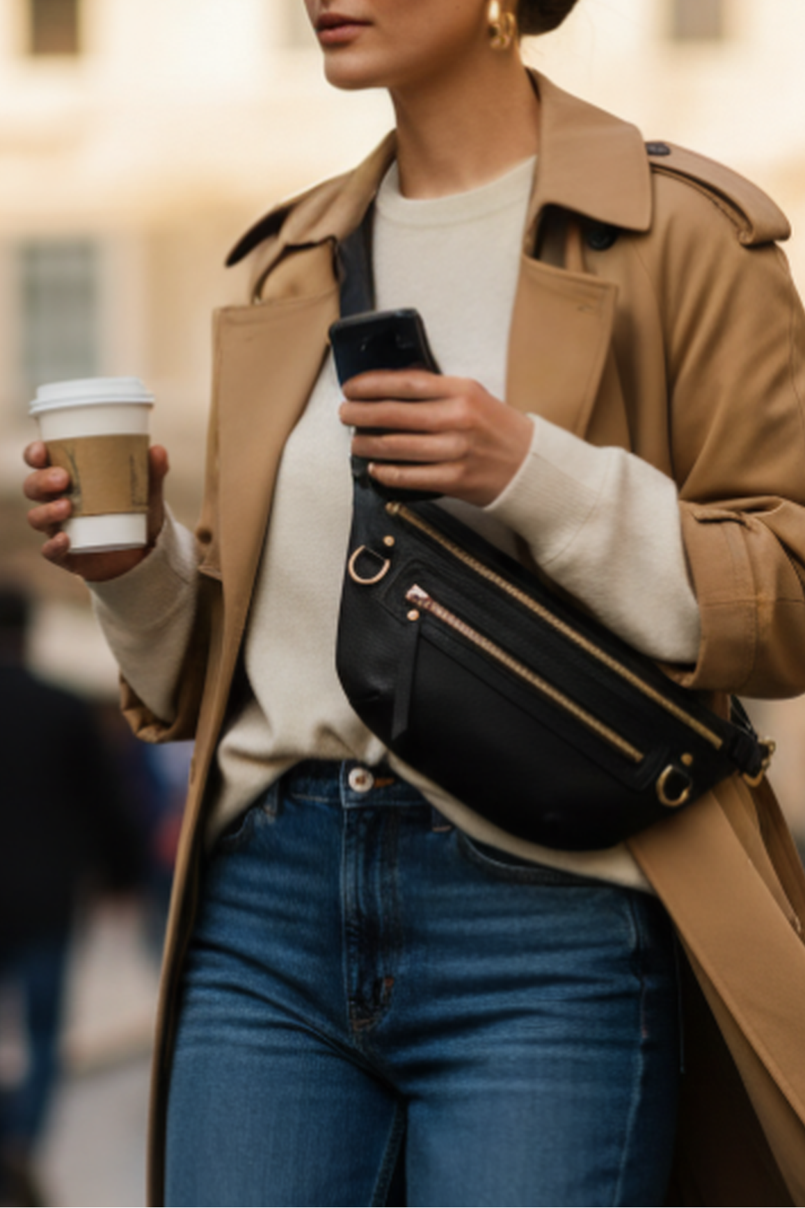 Woman walking on a street holding a coffee cup and phone, wearing a tan coat and blue jeans.