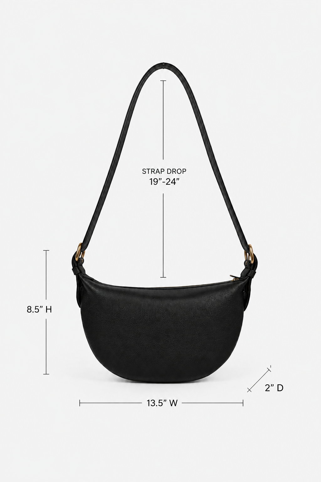 Black crescent-shaped shoulder bag with dimension annotations showing strap drop, height, width, and depth on a light gray background. This is an image of the measurements for the TAH Nova Sling Bag.