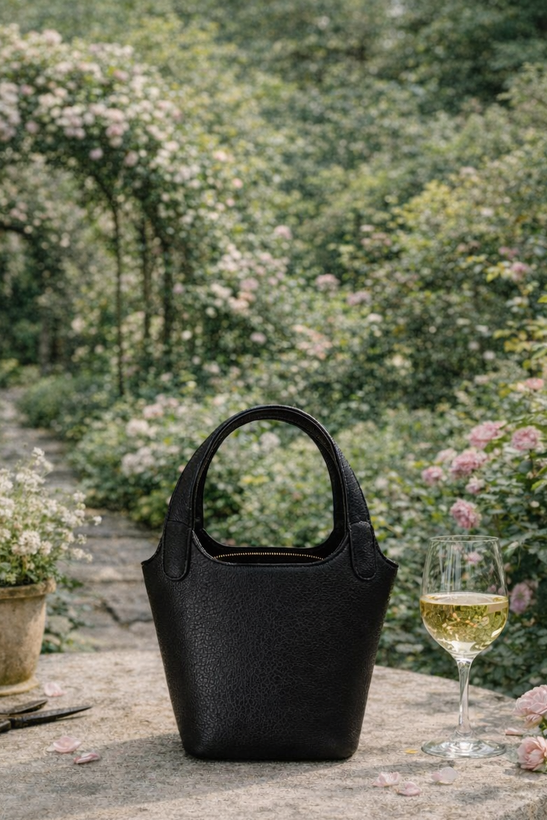 Black handbag on a stone table with a glass of white wine in a garden setting