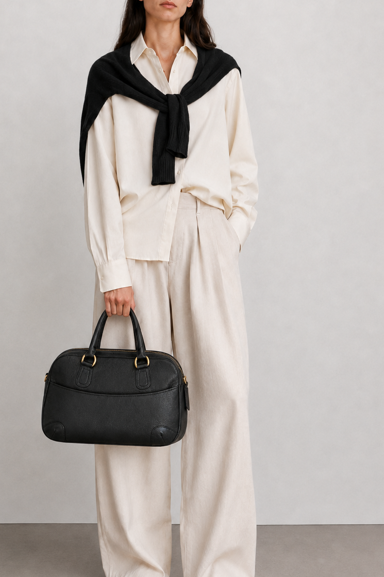 A woman stands against a light gray studio wall wearing an off-white long-sleeve shirt and matching wide-leg trousers, with a black shawl draped over her shoulders and a black structured handbag held in one hand.