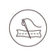 A minimalist black line icon depicting a sewing needle stitching a fabric band, enclosed in a circular border on a solid white background.