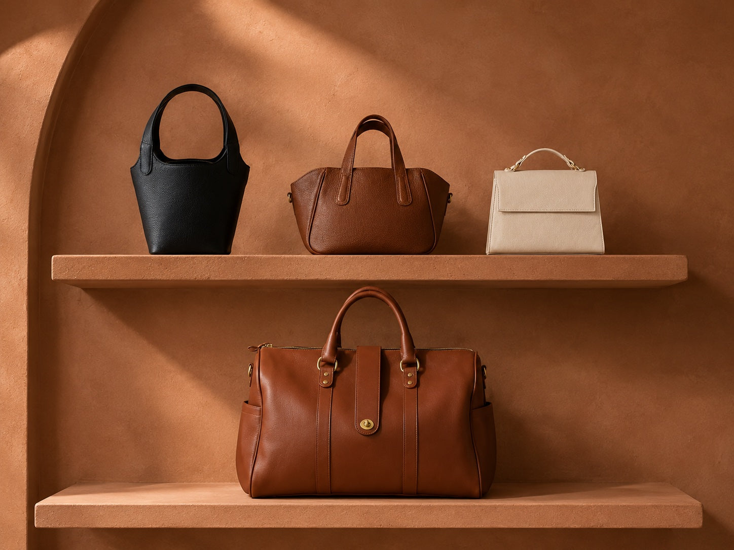 A collection of TAH leather handbags featuring a medium size black bucket bag, a medium size brown top handle bag, a compact off white elegant top handle bag, and a large brown Loen duffle bag with handles. 