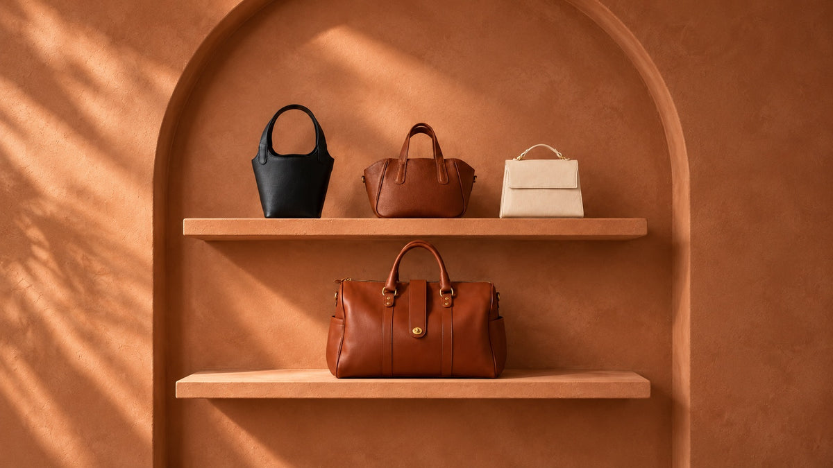 Four handbags in black, brown, and off-white are displayed on two wooden shelves against a warm terracotta wall with soft leaf shadows.