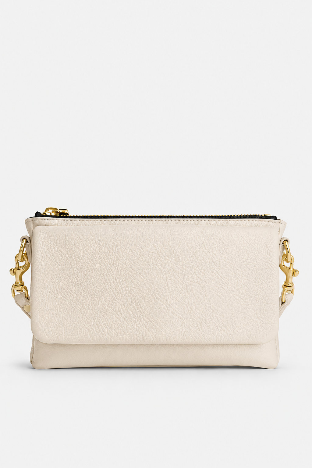 An off-white pebbled-leather wallet crossbody bag with a gold-tone chain strap and a gold zipper, shown against a plain light gray background.