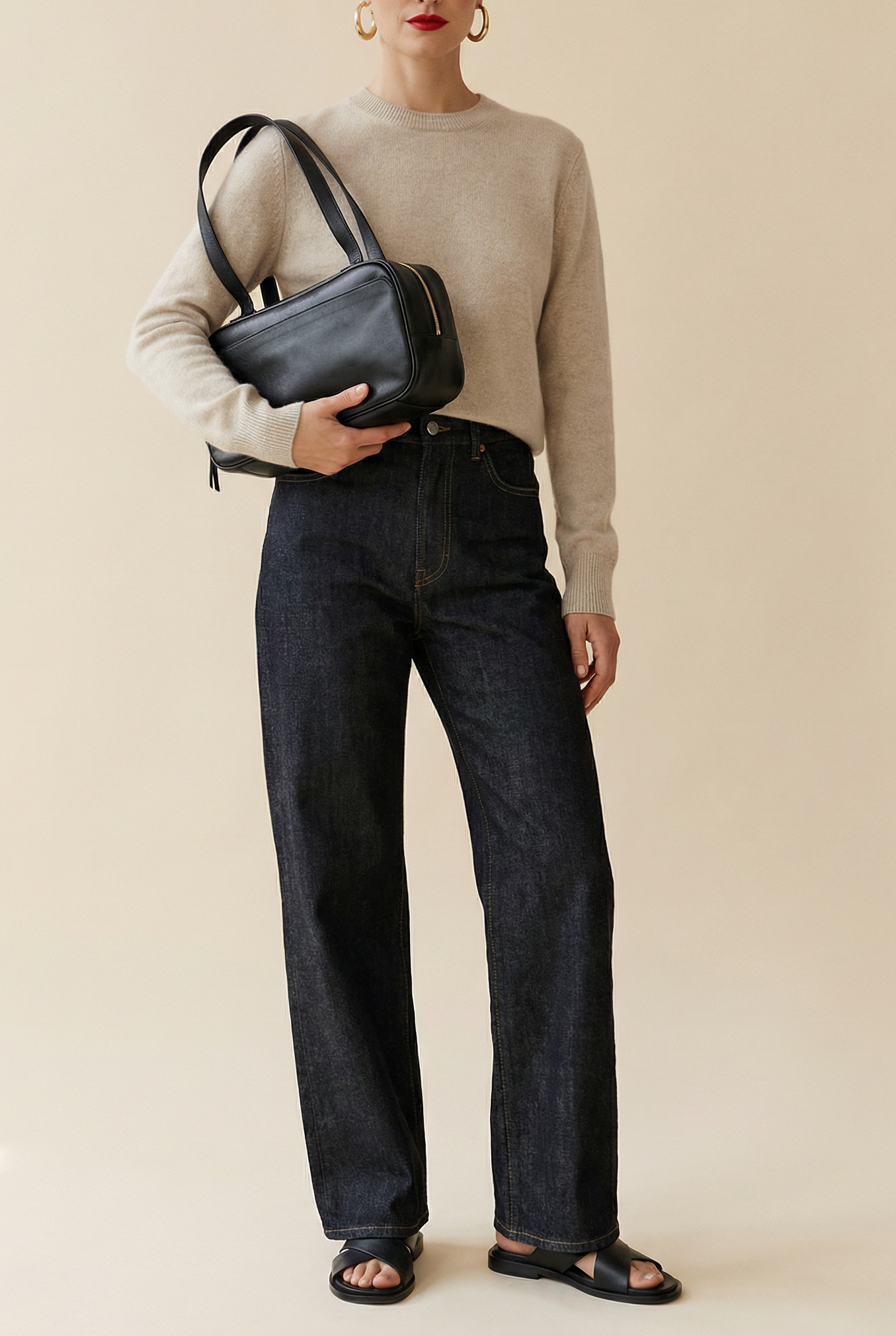 Black leather shoulder bag worn on model, featuring a structured rectangular shape, long straps, and top zip closure, styled as a minimalist everyday bag for work, travel, and daily wear.