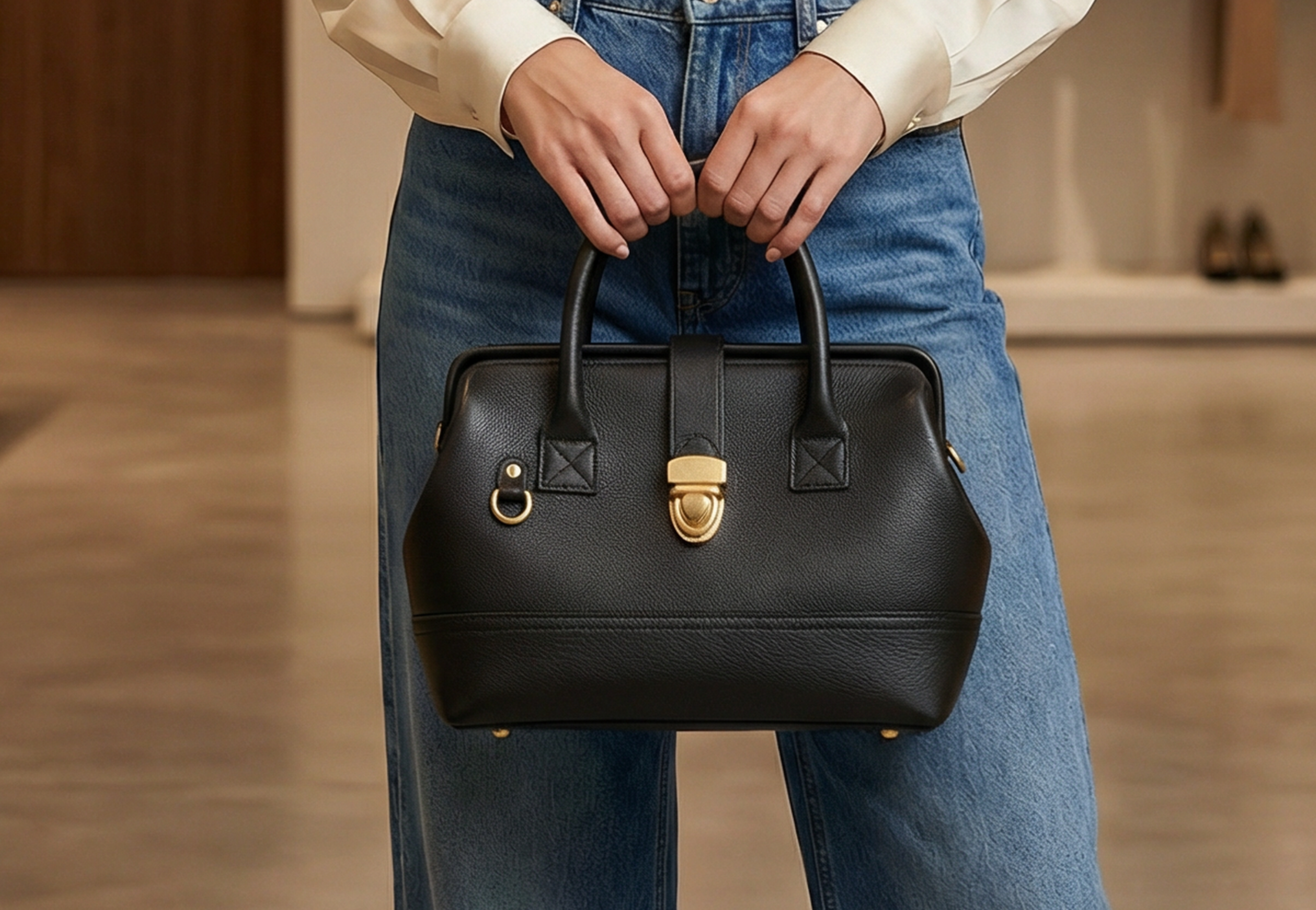 Close-up of the Doctor Bag in black leather held by a model, highlighting its structured frame, curved top handles, and signature gold clasp closure.