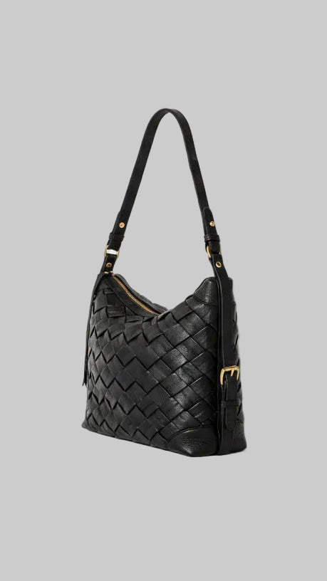 Side view of the black Selena Handwoven leather bag, showcasing the intricate woven construction, structured shape, shoulder strap with gold hardware.